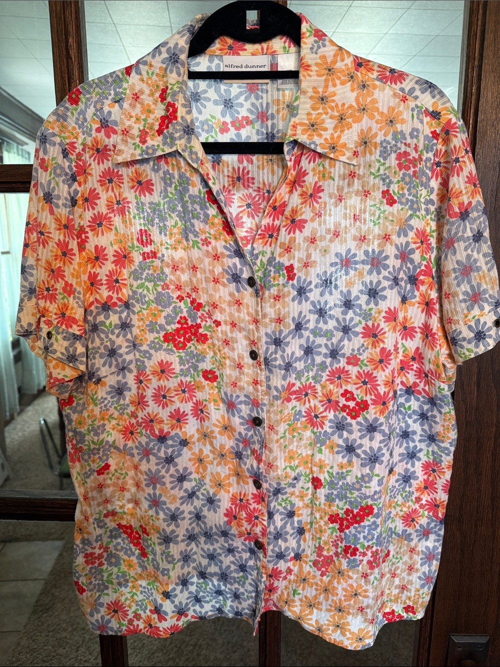 Alfred Dunner Woman Floral Daisy Button Front Cotton Blouse Multicolor 16W